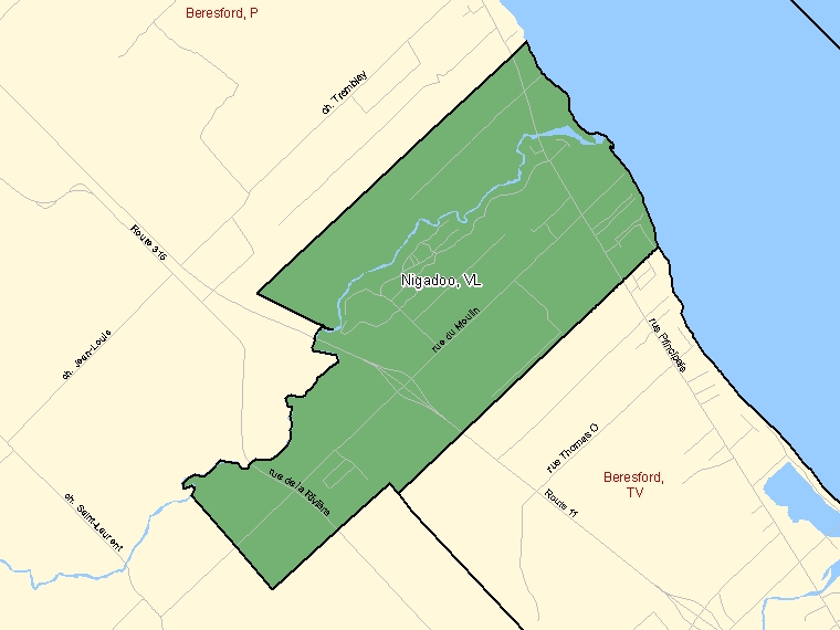 Carte : Nigadoo : VL, Nouveau-Brunswick (Subdivision de recensement) ombrée en vert