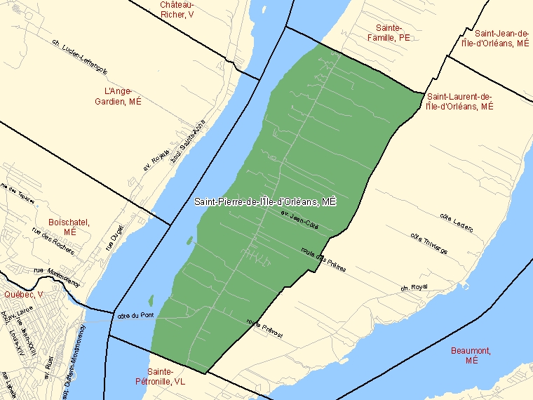 Carte : Saint-Pierre-de-l'Île-d'Orléans : MÉ, Québec (Subdivision de recensement) ombrée en vert