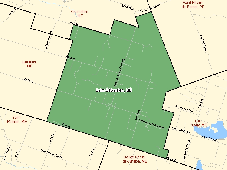 Carte : Saint-Sébastien : MÉ, Québec (Subdivision de recensement) ombrée en vert