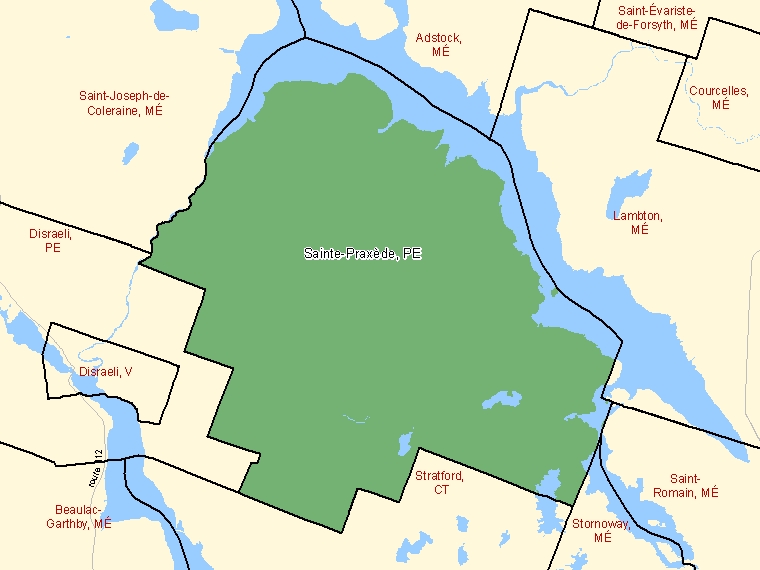Carte : Sainte-Praxède : PE, Québec (Subdivision de recensement) ombrée en vert