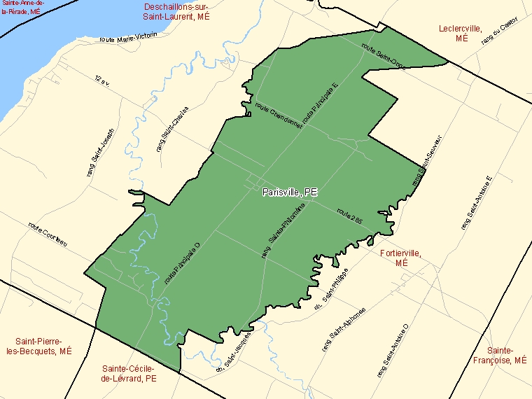 Carte : Parisville : PE, Québec (Subdivision de recensement) ombrée en vert