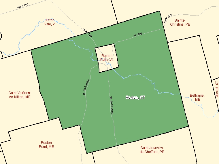 Carte : Roxton : CT, Québec (Subdivision de recensement) ombrée en vert
