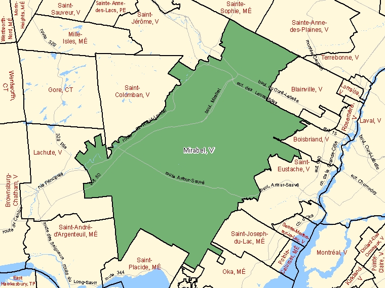 Carte : Mirabel : V, Québec (Subdivision de recensement) ombrée en vert
