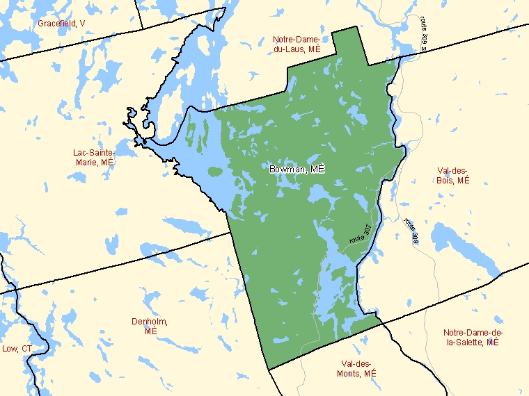Carte : Bowman : MÉ, Québec (Subdivision de recensement) ombrée en vert