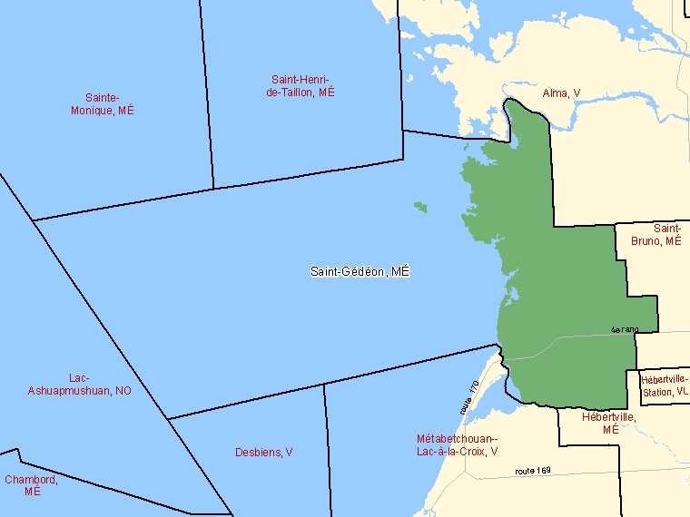 Carte : Saint-Gédéon : MÉ, Québec (Subdivision de recensement) ombrée en vert
