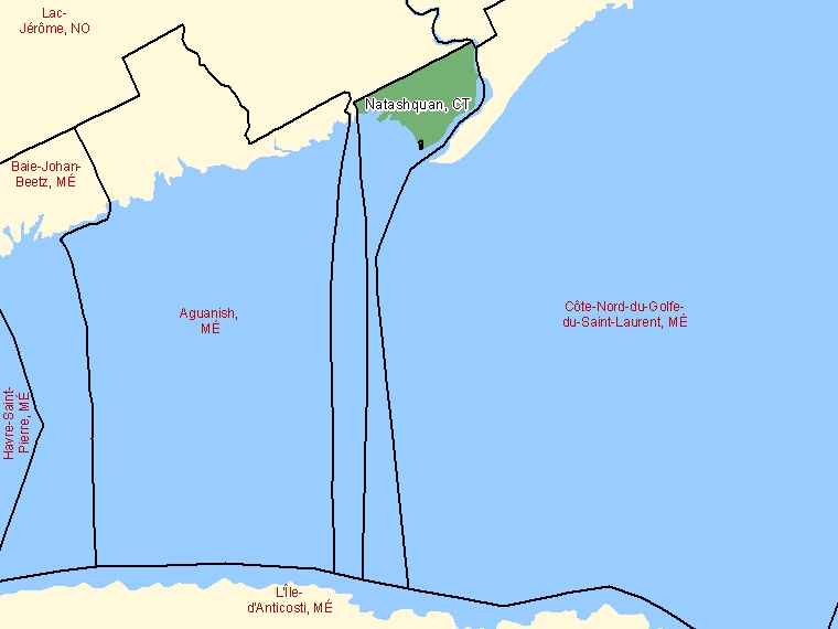Carte : Natashquan : CT, Québec (Subdivision de recensement) ombrée en vert