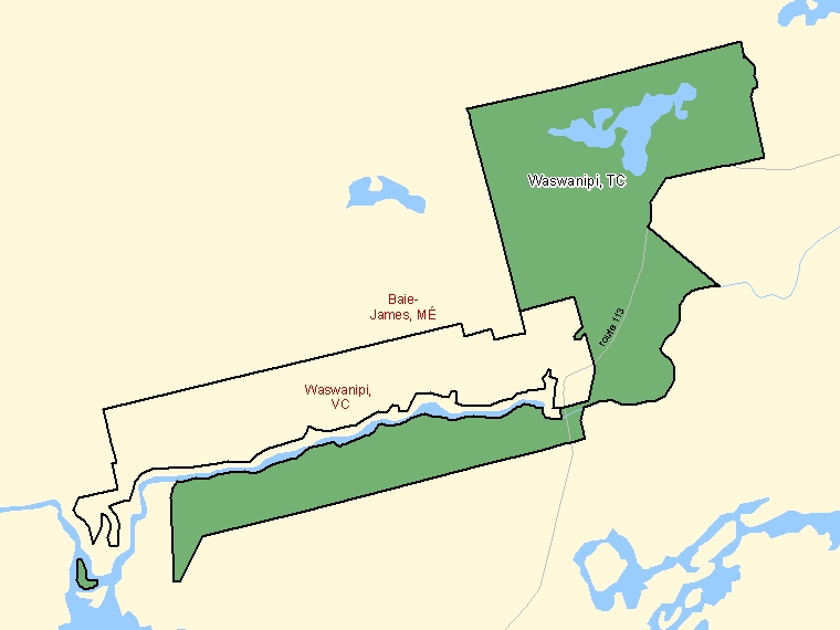 Carte : Waswanipi : TC, Québec (Subdivision de recensement) ombrée en vert