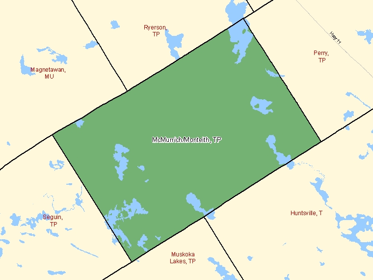 Carte : McMurrich/Monteith : TP, Ontario (Subdivision de recensement) ombrée en vert