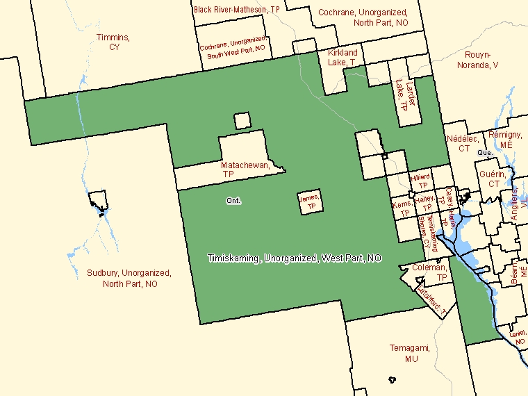 Carte : Timiskaming, Unorganized, West Part : NO, Ontario (Subdivision de recensement) ombrée en vert