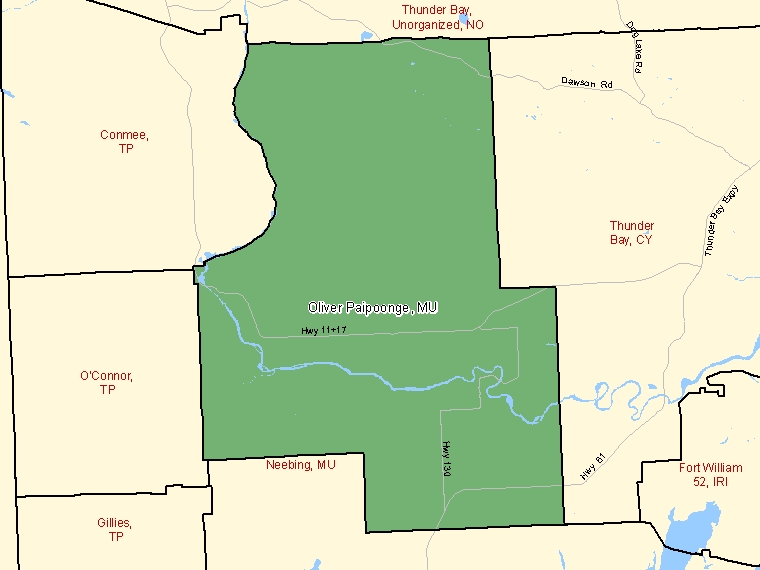 Carte : Oliver Paipoonge : MU, Ontario (Subdivision de recensement) ombrée en vert