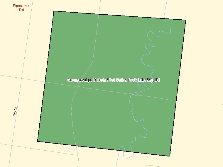 Carte : Canupawakpa Dakota First Nation (Oak Lake 59) : IRI, Manitoba (Subdivision de recensement) ombrée en vert