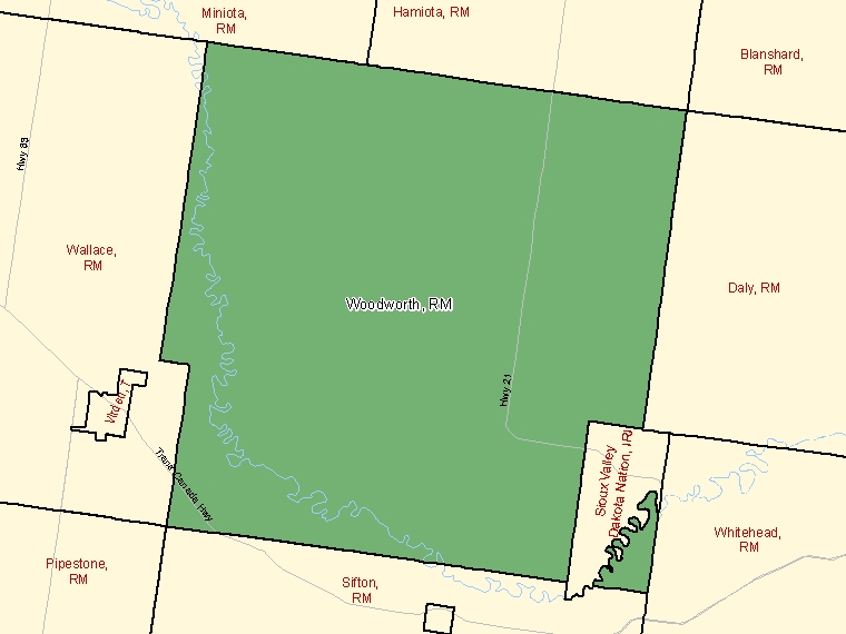 Carte : Woodworth : RM, Manitoba (Subdivision de recensement) ombrée en vert