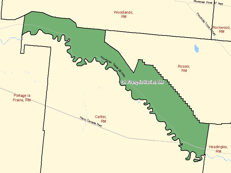 Carte : St. François Xavier : RM, Manitoba (Subdivision de recensement) ombrée en vert