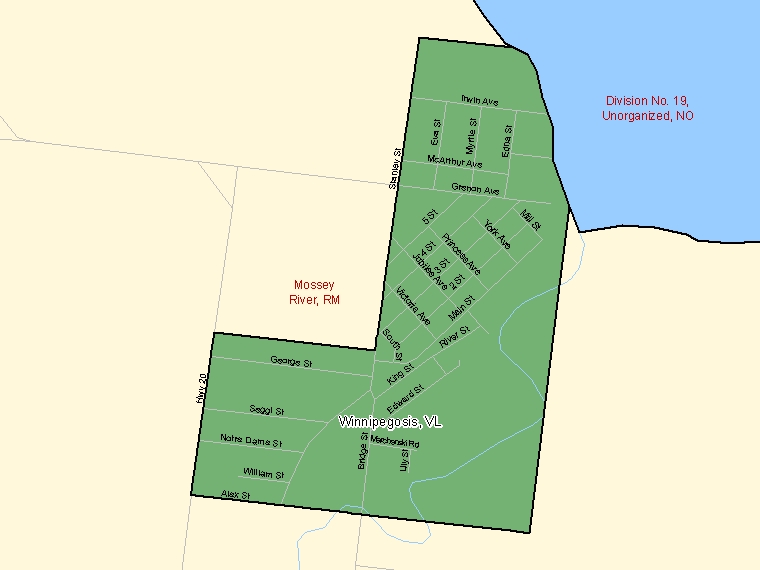 Carte : Winnipegosis : VL, Manitoba (Subdivision de recensement) ombrée en vert