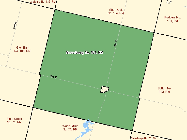 Carte : Gravelbourg No. 104 : RM, Saskatchewan (Subdivision de recensement) ombrée en vert
