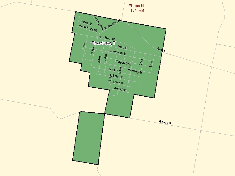 Carte : Broadview : T, Saskatchewan (Subdivision de recensement) ombrée en vert