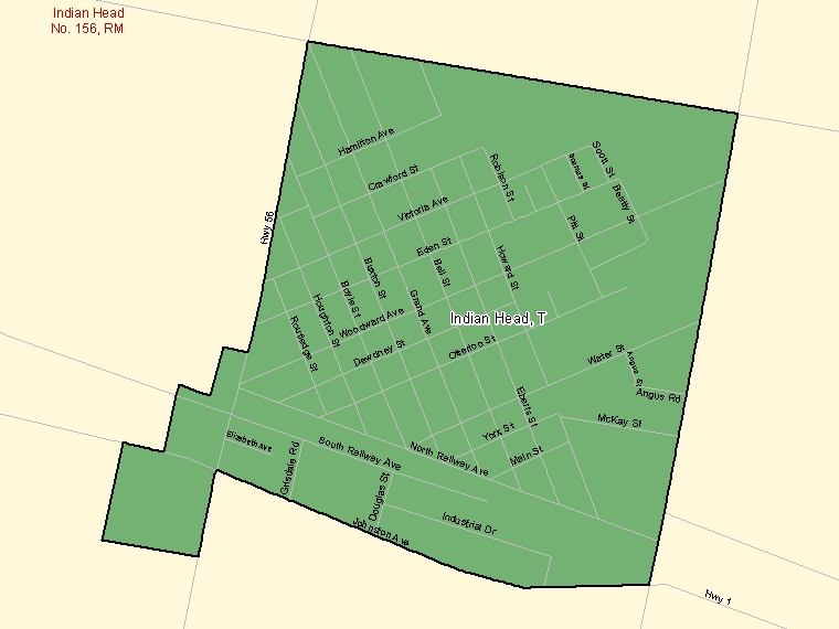 Carte : Indian Head : T, Saskatchewan (Subdivision de recensement) ombrée en vert