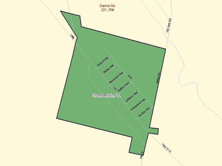 Carte : Chamberlain : VL, Saskatchewan (Subdivision de recensement) ombrée en vert