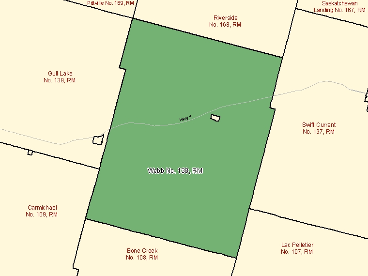 Carte : Webb No. 138 : RM, Saskatchewan (Subdivision de recensement) ombrée en vert