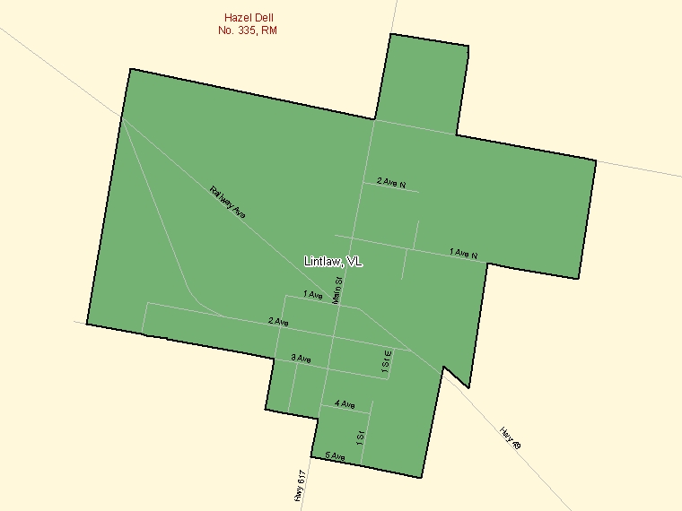 Carte : Lintlaw : VL, Saskatchewan (Subdivision de recensement) ombrée en vert