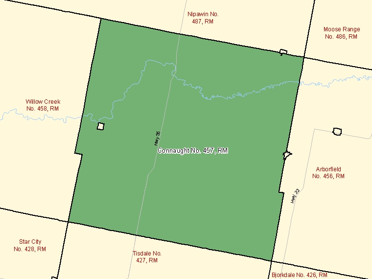 Carte : Connaught No. 457 : RM, Saskatchewan (Subdivision de recensement) ombrée en vert