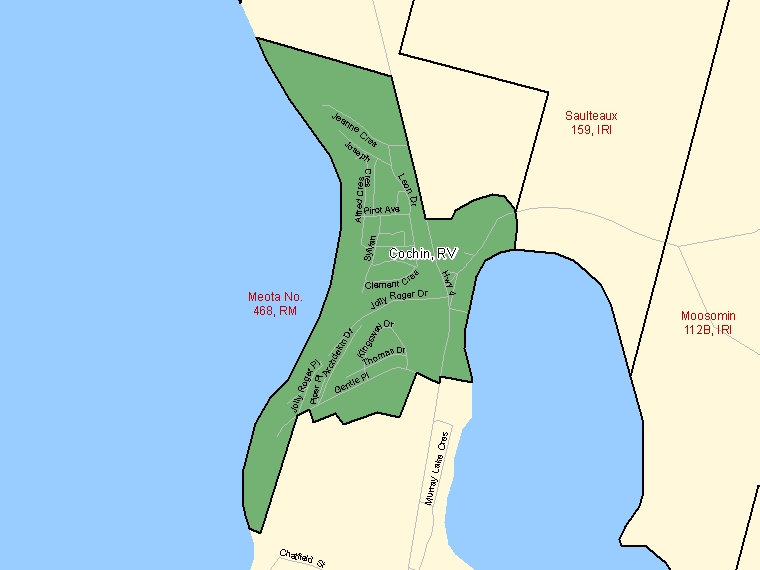 Carte : Cochin : RV, Saskatchewan (Subdivision de recensement) ombrée en vert