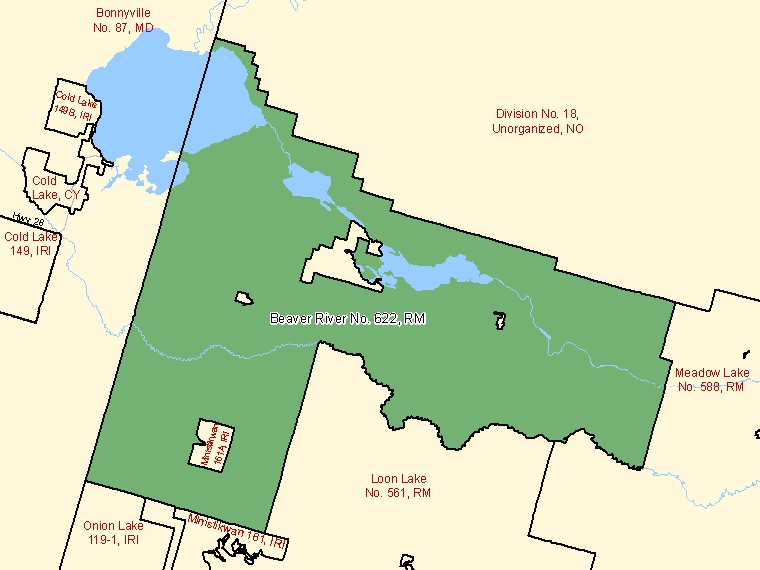 Carte : Beaver River No. 622 : RM, Saskatchewan (Subdivision de recensement) ombrée en vert