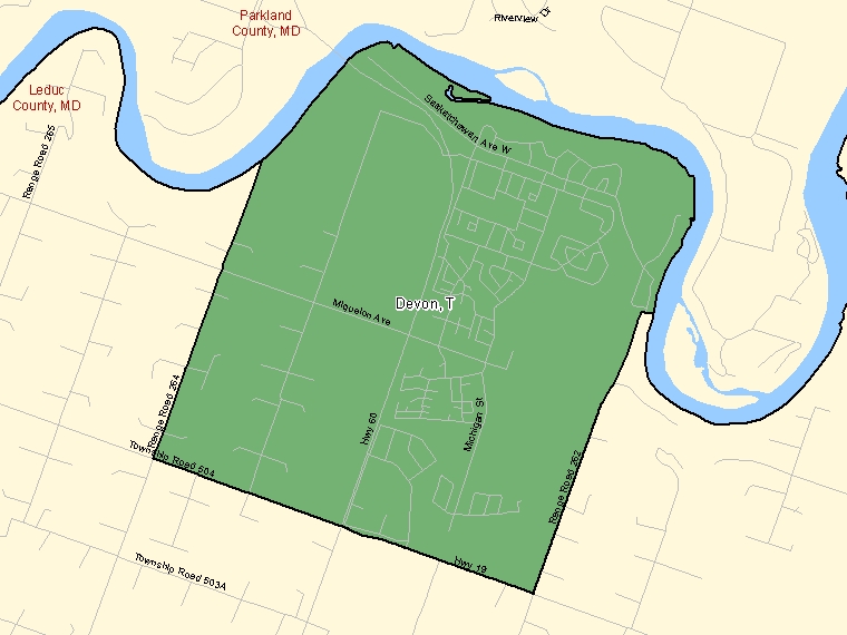 Carte : Devon : T, Alberta (Subdivision de recensement) ombrée en vert