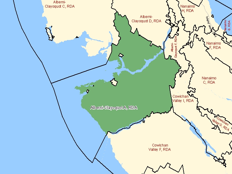 Carte : Alberni-Clayoquot A : RDA, Colombie-Britannique (Subdivision de recensement) ombrée en vert