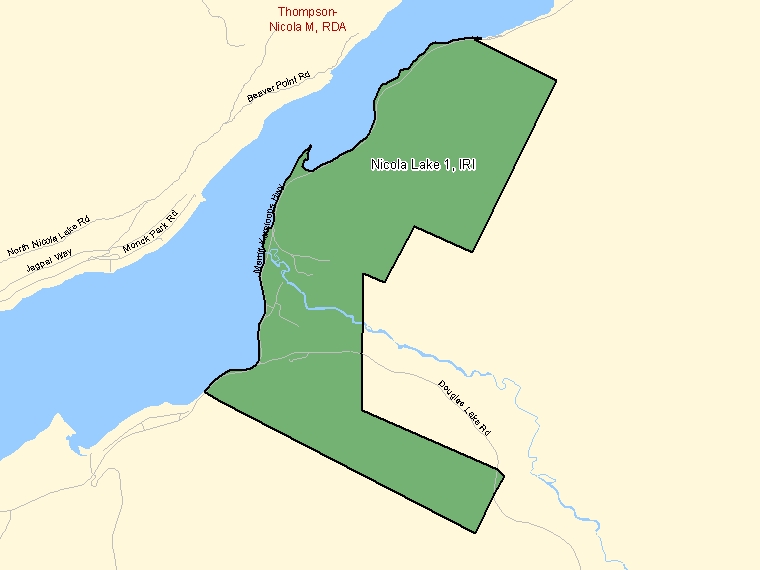 Carte : Nicola Lake 1 : IRI, Colombie-Britannique (Subdivision de recensement) ombrée en vert