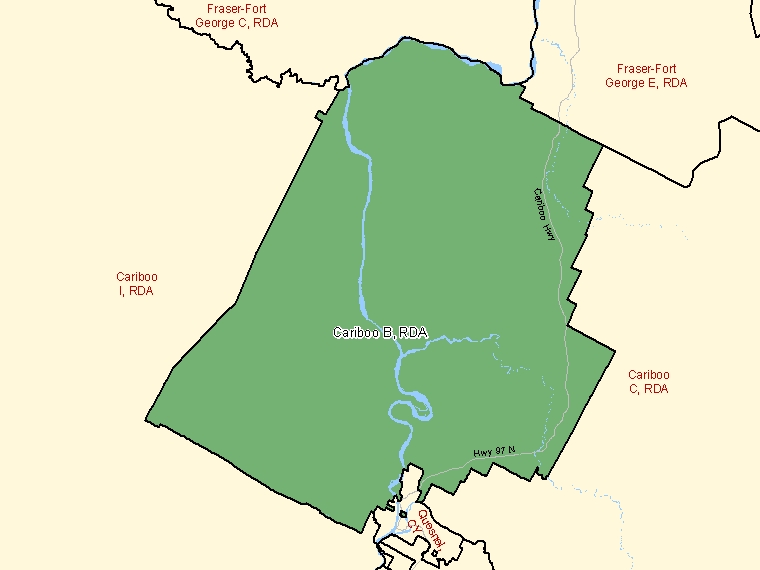 Carte : Cariboo B : RDA, Colombie-Britannique (Subdivision de recensement) ombrée en vert