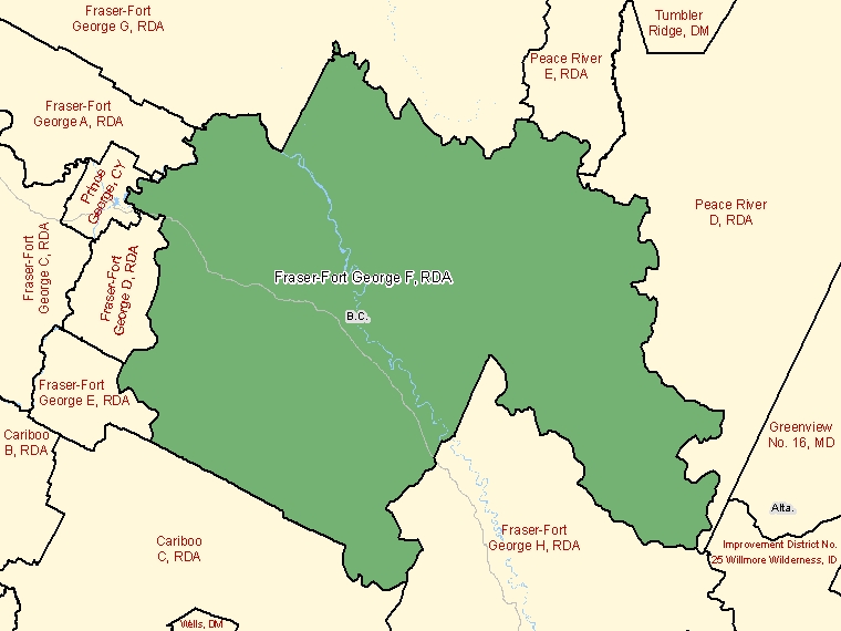 Carte : Fraser-Fort George F : RDA, Colombie-Britannique (Subdivision de recensement) ombrée en vert