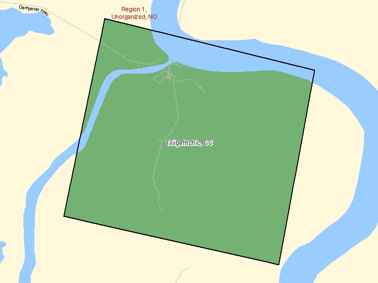 Carte : Tsiigehtchic : CC, Territoires du Nord-Ouest (Subdivision de recensement) ombrée en vert