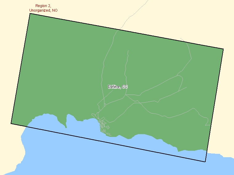 Carte : Déline : CC, Territoires du Nord-Ouest (Subdivision de recensement) ombrée en vert