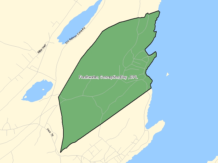 Map: Freshwater, Conception Bay, DPL, Designated Place (shaded in green), Newfoundland and Labrador