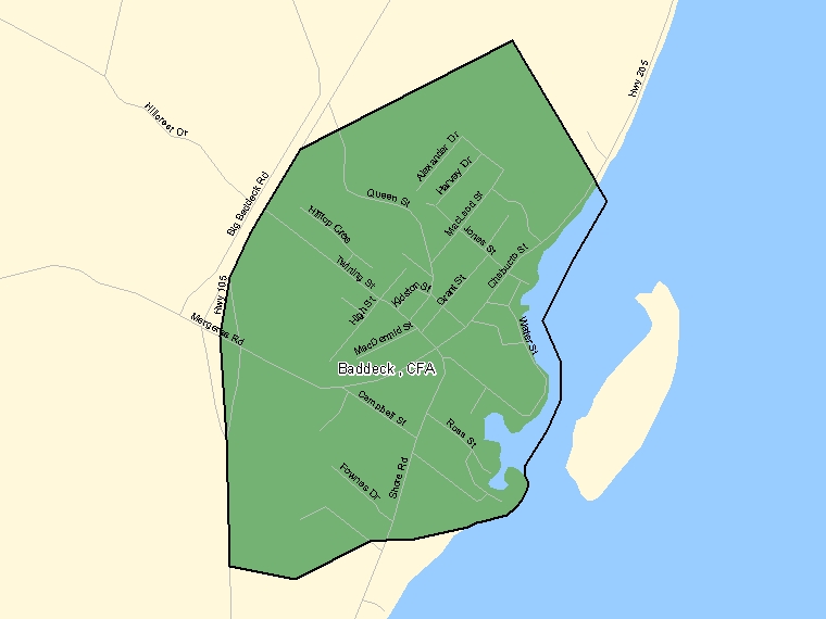 Map: Baddeck, CFA, Designated Place (shaded in green), Nova Scotia