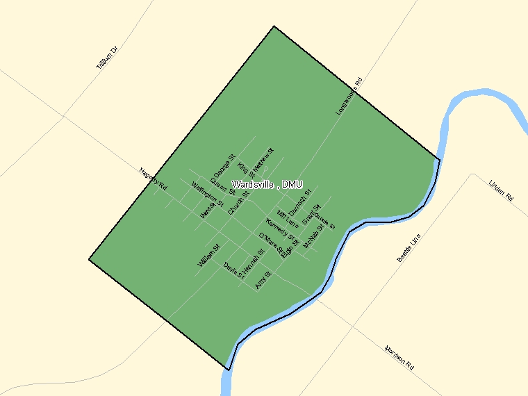 Map: Wardsville, DMU, Designated Place (shaded in green), Ontario