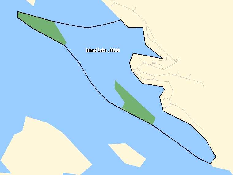 Map: Island Lake, NCM, Designated Place (shaded in green), Manitoba