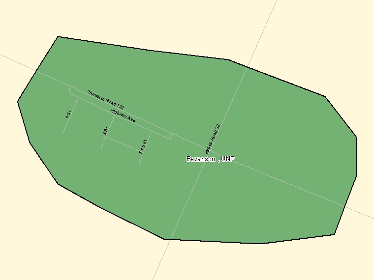 Map: Bezanson, UNP, Designated Place (shaded in green), Alberta