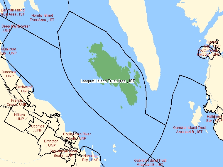 Map: Lasqueti Island Trust Area, IST, Designated Place (shaded in green), British Columbia