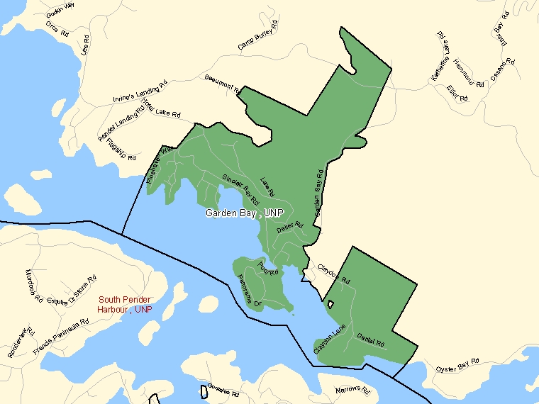 Map: Garden Bay, UNP, Designated Place (shaded in green), British Columbia