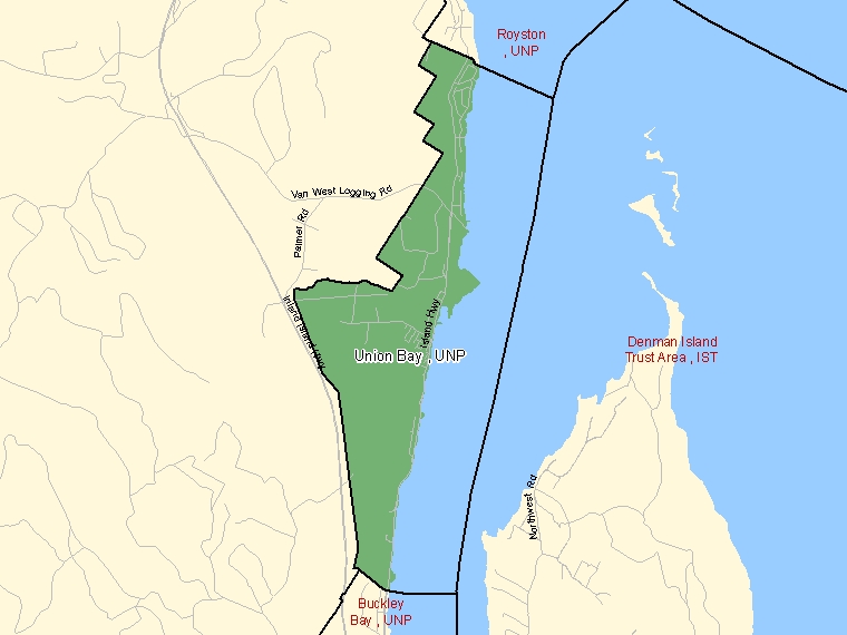 Map: Union Bay, UNP, Designated Place (shaded in green), British Columbia