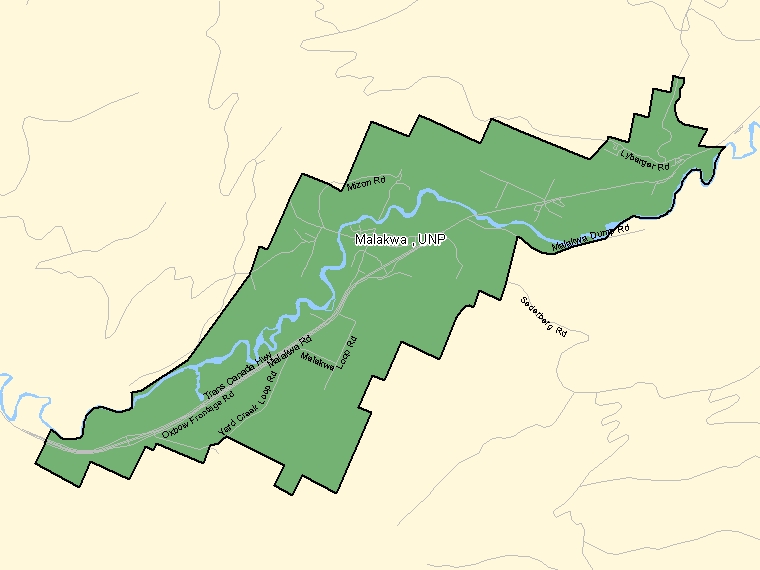 Map: Malakwa, UNP, Designated Place (shaded in green), British Columbia