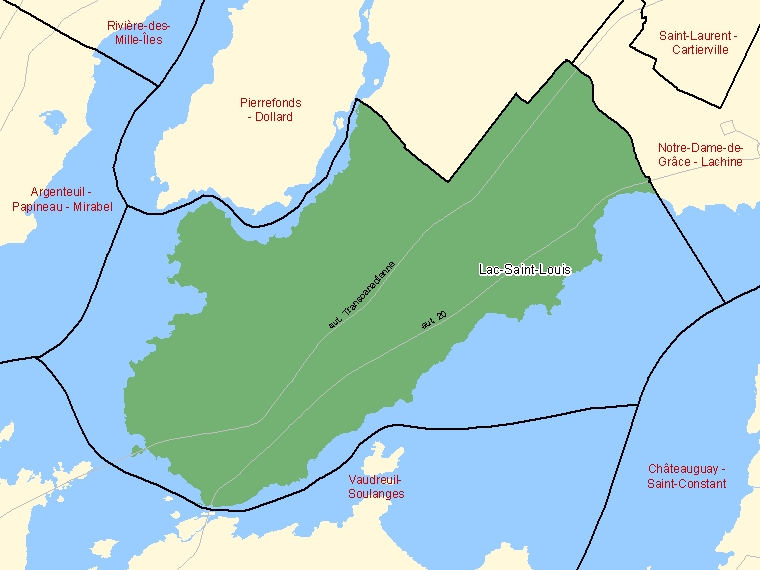 Map: Lac-Saint-Louis, Federal electoral district (shaded in green), Quebec