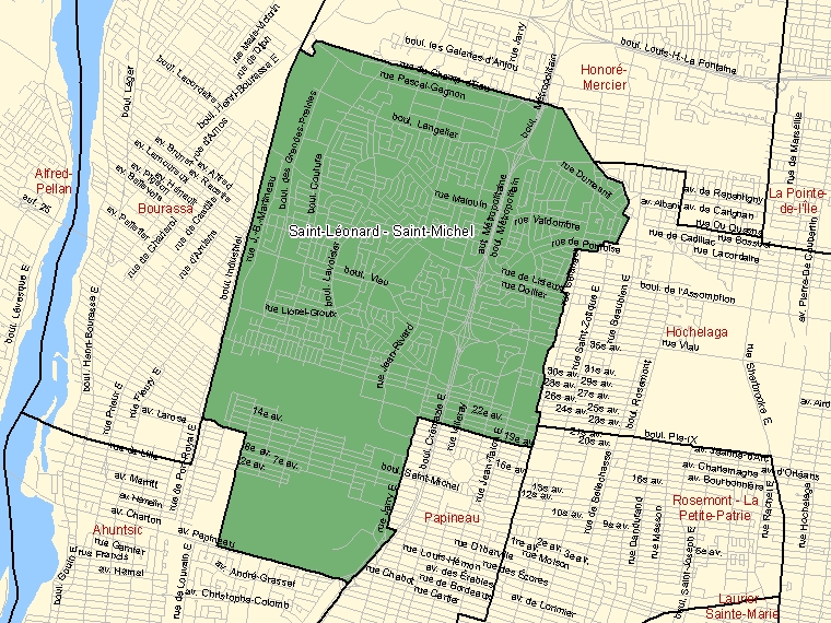 Map: Saint-Léonard - Saint-Michel, Federal electoral district, 2003 Representation Order (shaded in green), Quebec