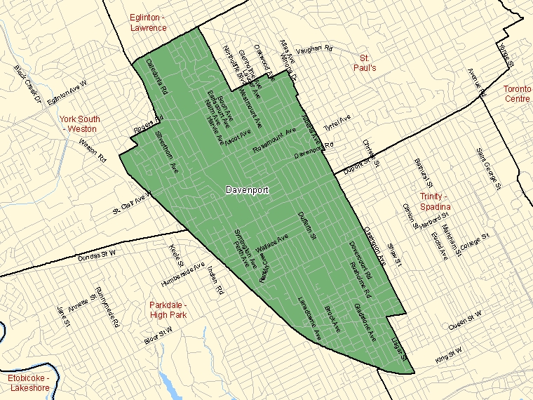 Map: Davenport, Federal electoral district (shaded in green), Ontario