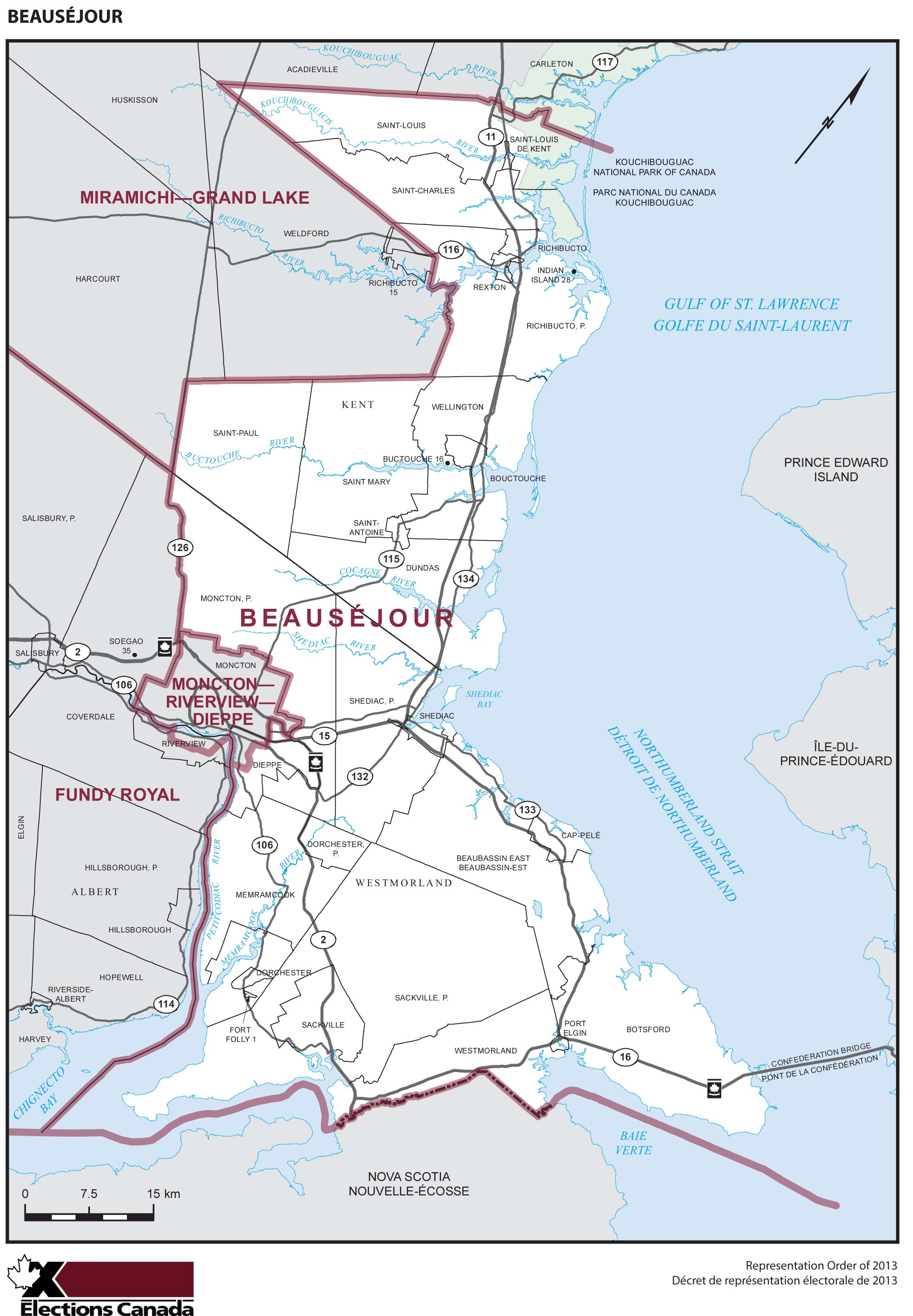 Map: Beauséjour, Federal electoral district, 2013 Representation Order (in white), New Brunswick