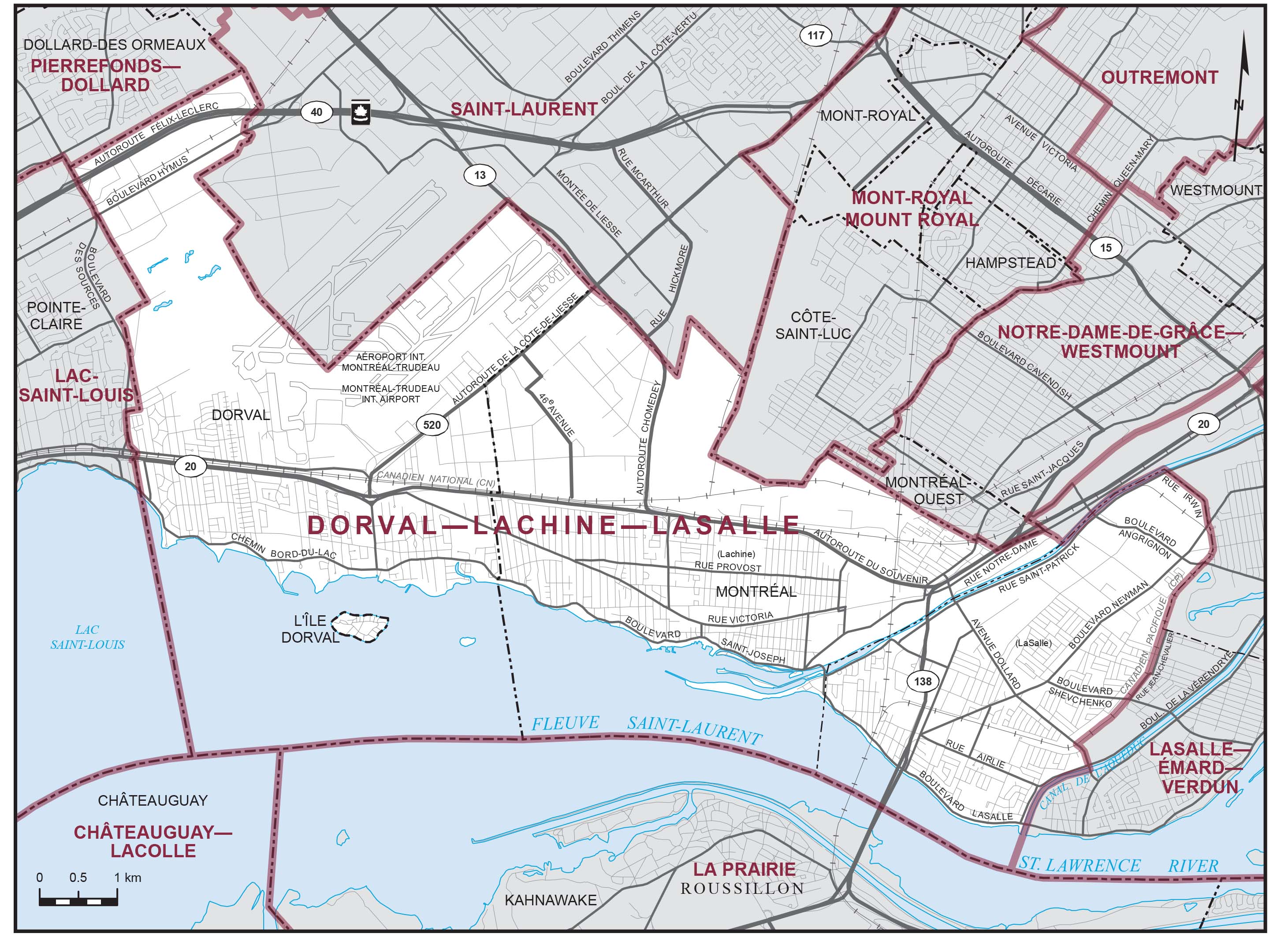 Map: Dorval--Lachine--LaSalle, Federal electoral district, 2013 Representation Order (in white), Quebec