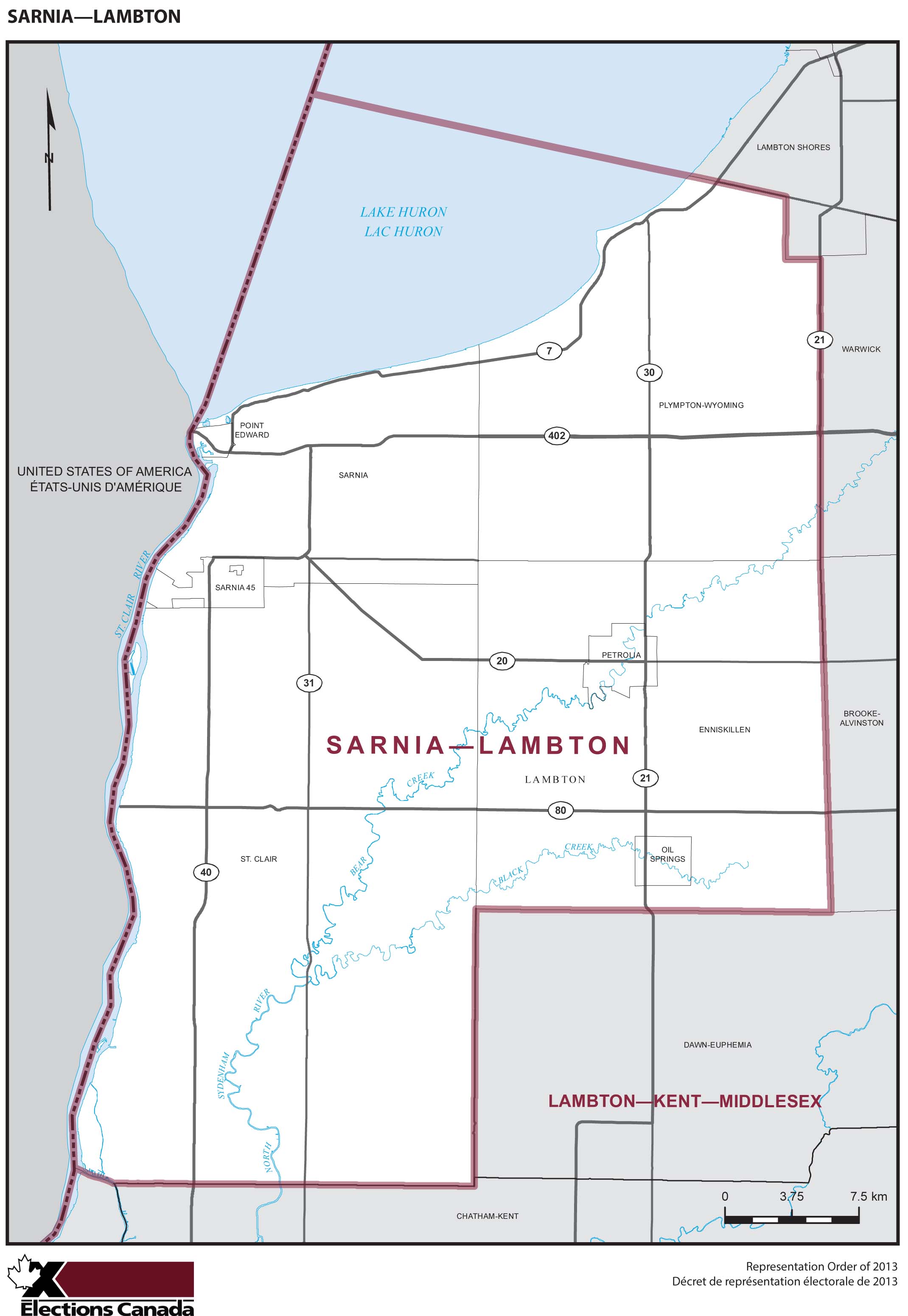 Map: Sarnia--Lambton, Federal electoral district, 2013 Representation Order (in white), Ontario
