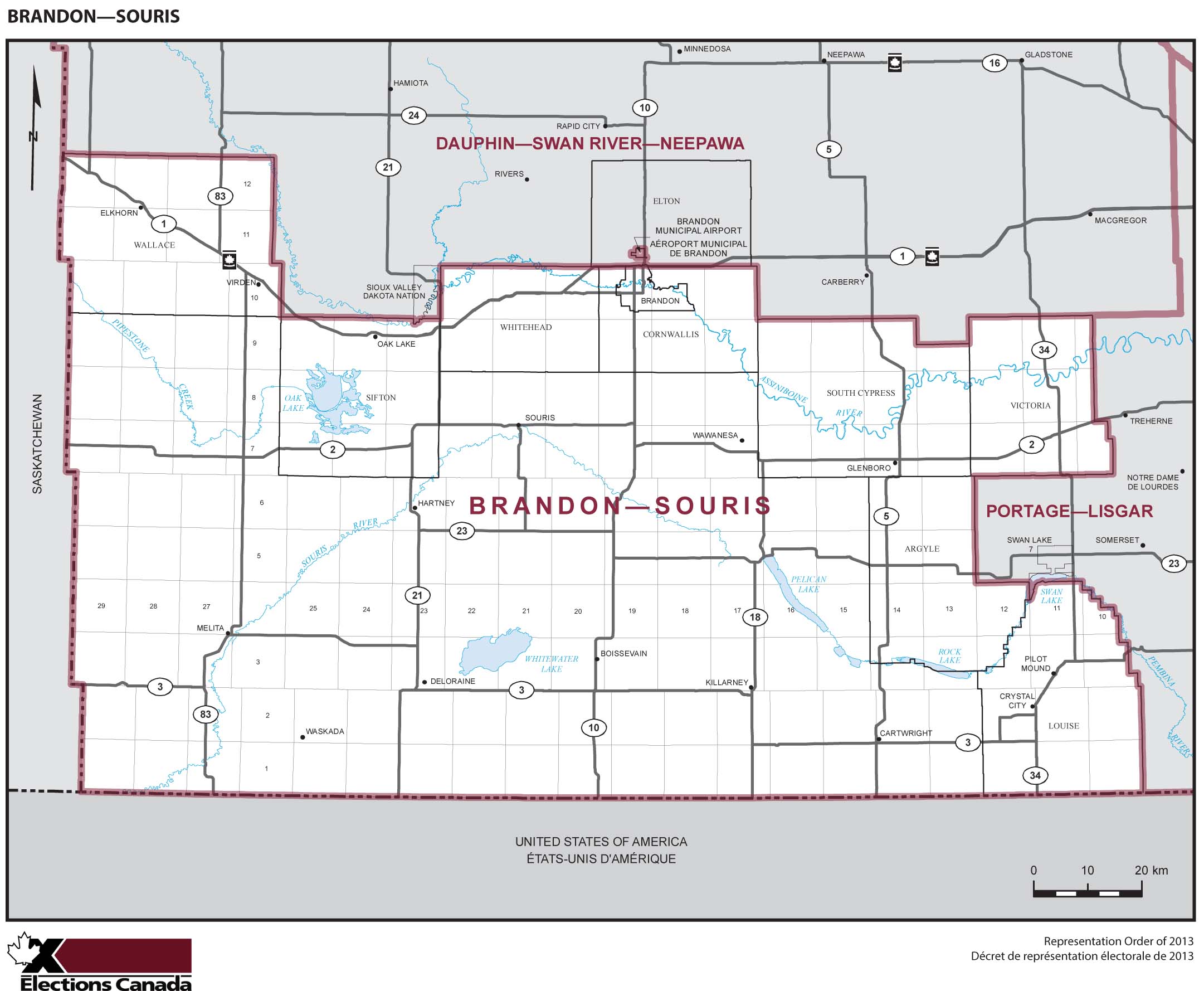 Map: Brandon--Souris, Federal electoral district, 2013 Representation Order (in white), Manitoba